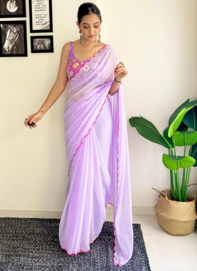 Georgette Lavender Casual Wear Embroidery Work Saree